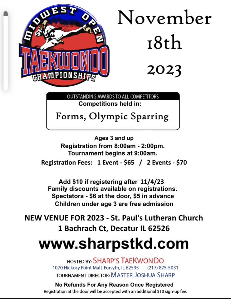 Event flyer for the 2023 Midwest Open Taekwondo Championships