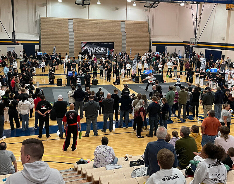 A view from the bleachers of the 2023 Ironworks Martial Arts Open
