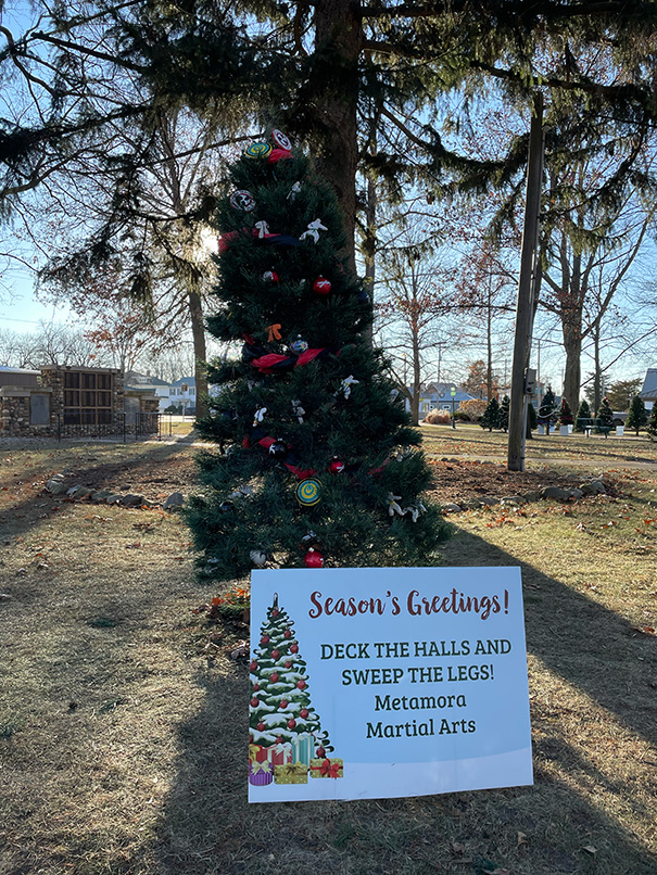 Daylight view of the homemade ornaments in the 2024 Shine A Light On Metamora Christmas tree