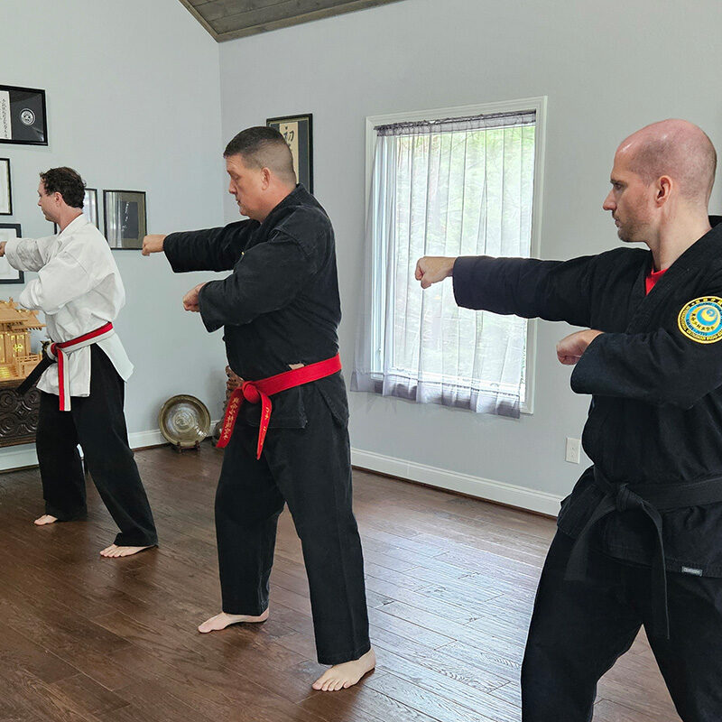 Sensei James Gifford, Hanshi, leads Naihanchi kata training with Sensei Adam and James Weider, Renshi, at the shinmeikan in Blairsville, GA